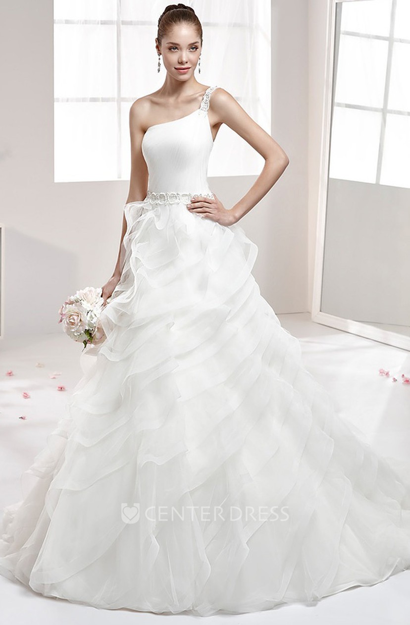 One Strap Pleating A Line Gown With Beaded Belt And Ruffled Skirt