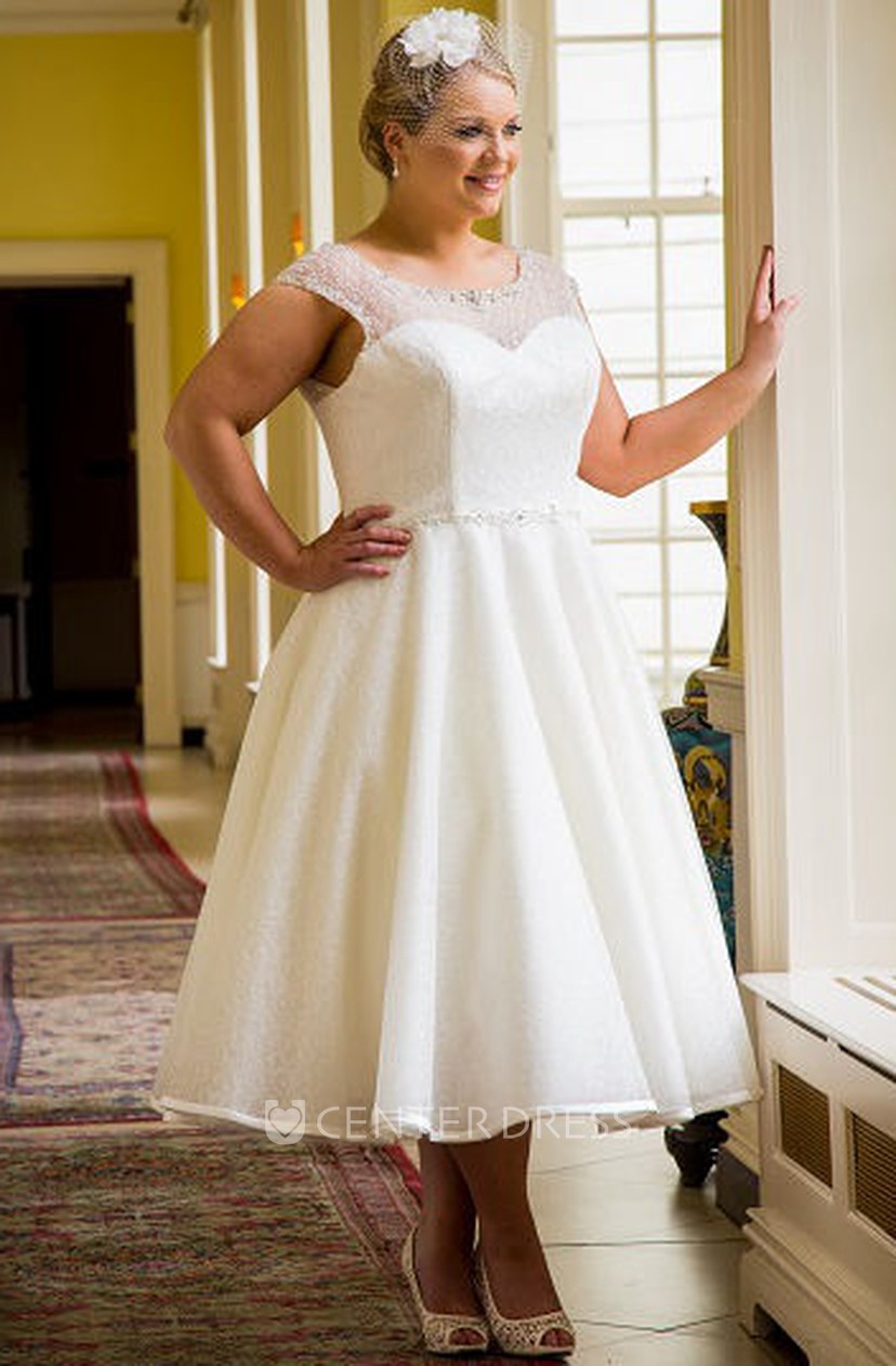 Cap Sleeve Tea Length Bridal Gown With Beading Neck And Waist