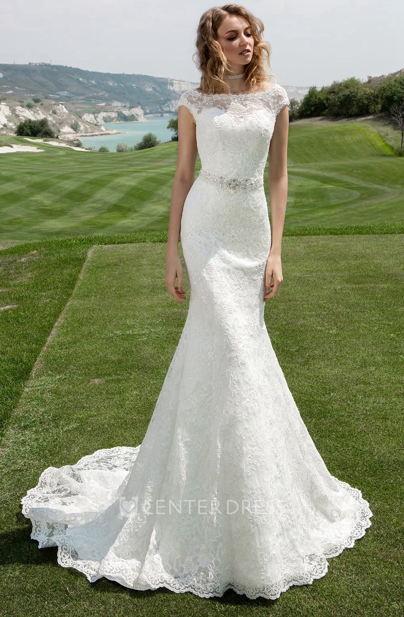Bateau Neck Cap Sleeve Sheath Wedding Dress With Beaded Waist