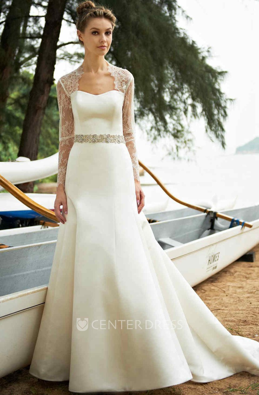 Long Long Sleeve Strapless Jeweled Satin Wedding Dress With Cape