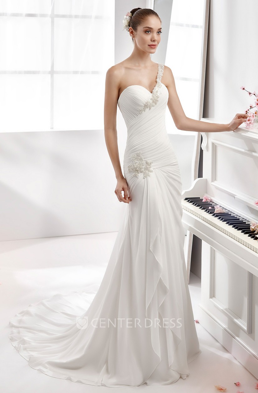 One Strap Sheath Chiffon Wedding Dress With Side Draping And