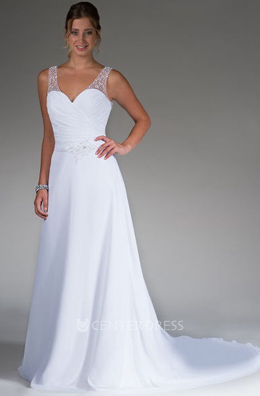 V Neck Pearl Straps A Line Bridal Gown With Illusion Back