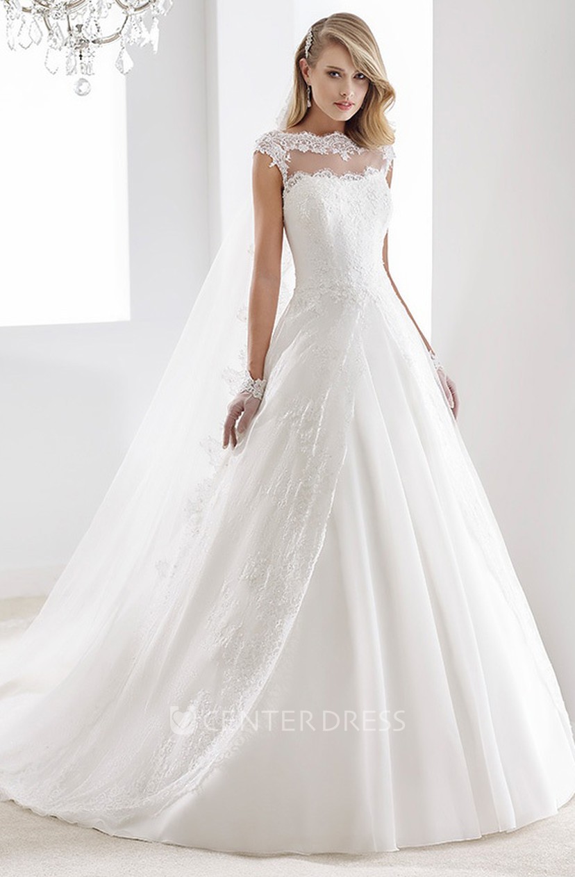 Scalloped Neck Cap Sleeve A Line Wedding Gown With V Back And