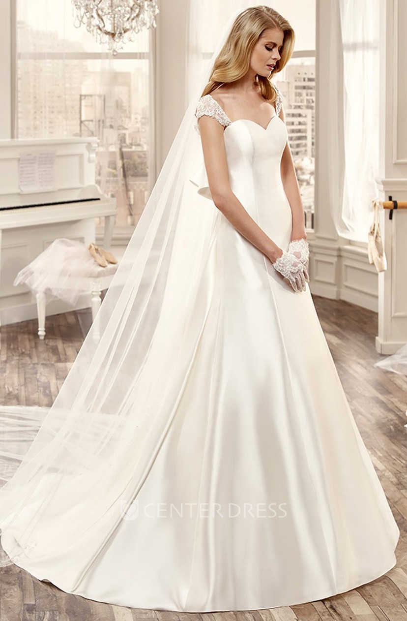 Sweetheart Cap Sleeve Long Wedding Dress With Large Back Bow And
