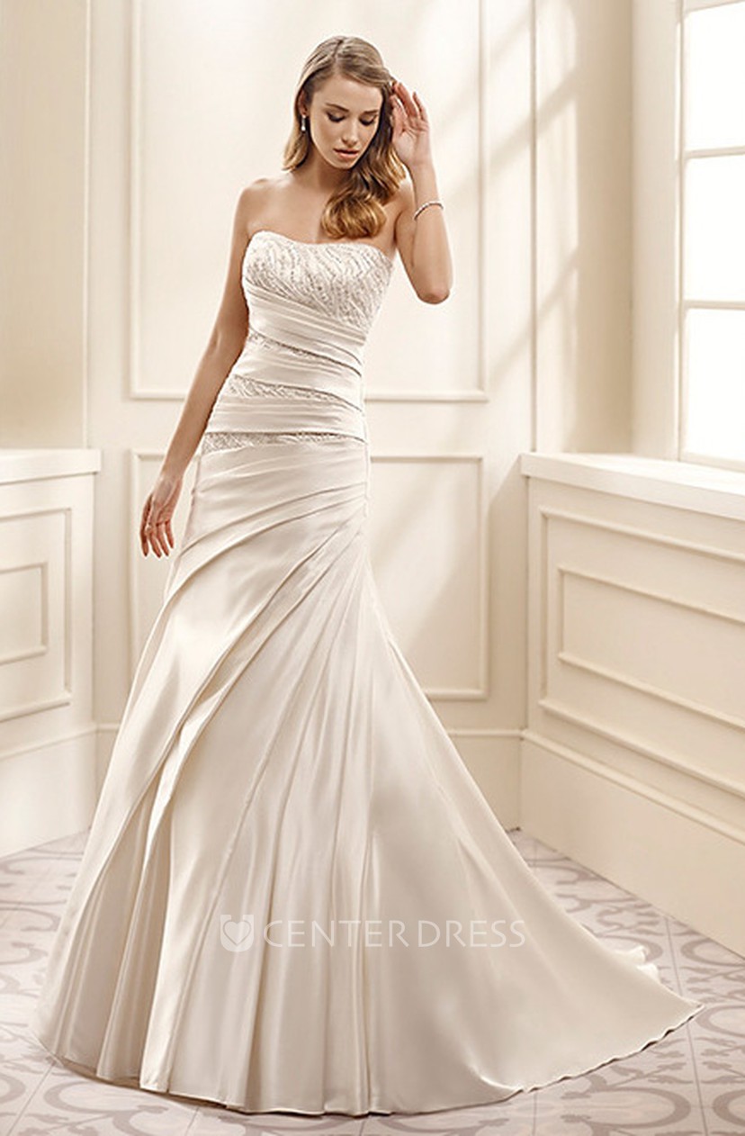 Sheath Sleeveless Floor Length Strapless Side Draped Satin Wedding