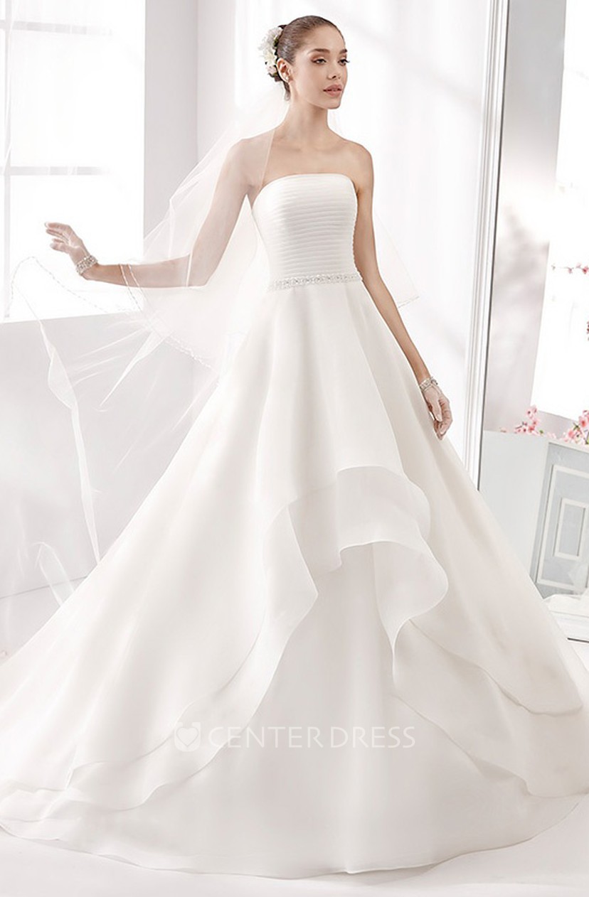 Strapless A Line Wedding Gown With Pleated Bodice And