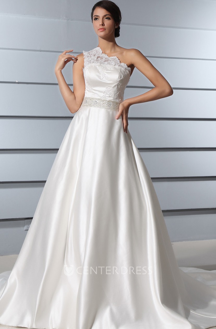 A Line One Shoulder Satin Wedding Dress With Lace Bodice And