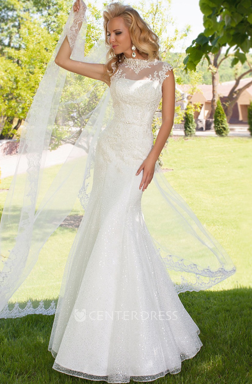 Sheath Appliqued High Neck Long Cap Sleeve Lace Wedding Dress With
