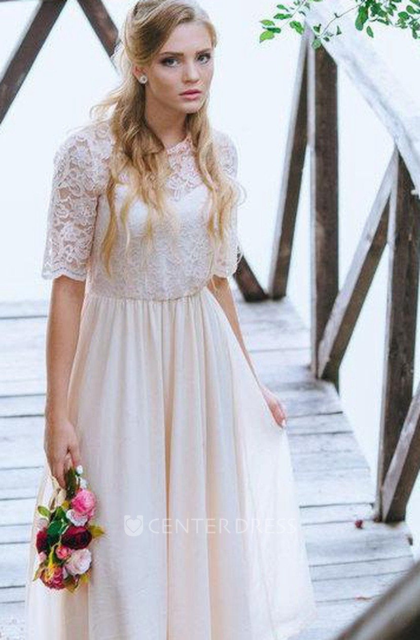 Boho Blush Ankle Length A Line Chiffon Wedding Dress With Lace