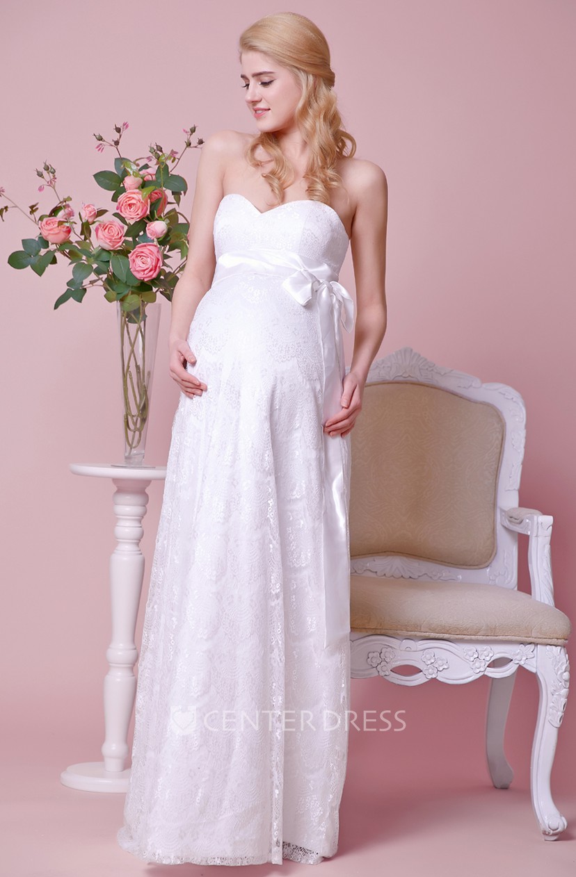 Empire Waist Strapless Lace Maternity Wedding Dress With Satin Bow
