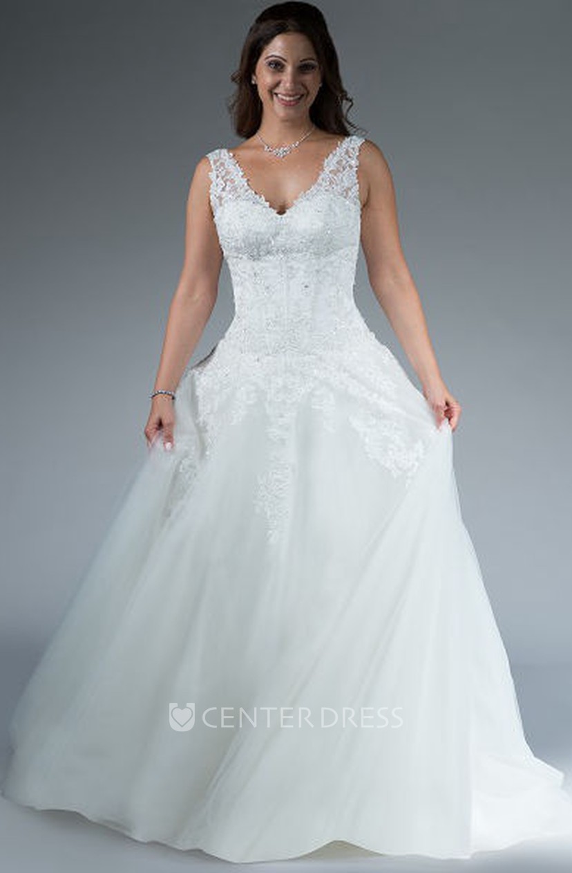 V Neck Drop Waist A Line Tulle Bridal Gown With Applique Top And