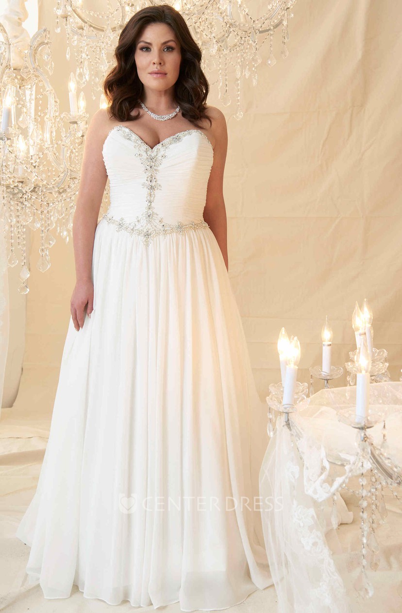 Sheath Sweetheart Long Beaded Chiffon Plus Size Wedding Dress With