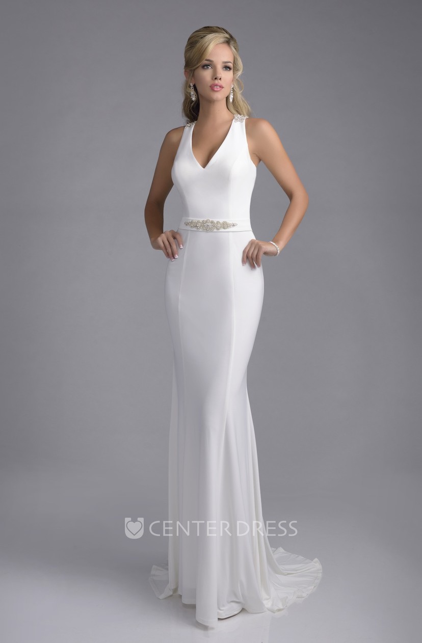 Form Fitted V Neck Satin Chiffon Wedding Dress With Jewels And