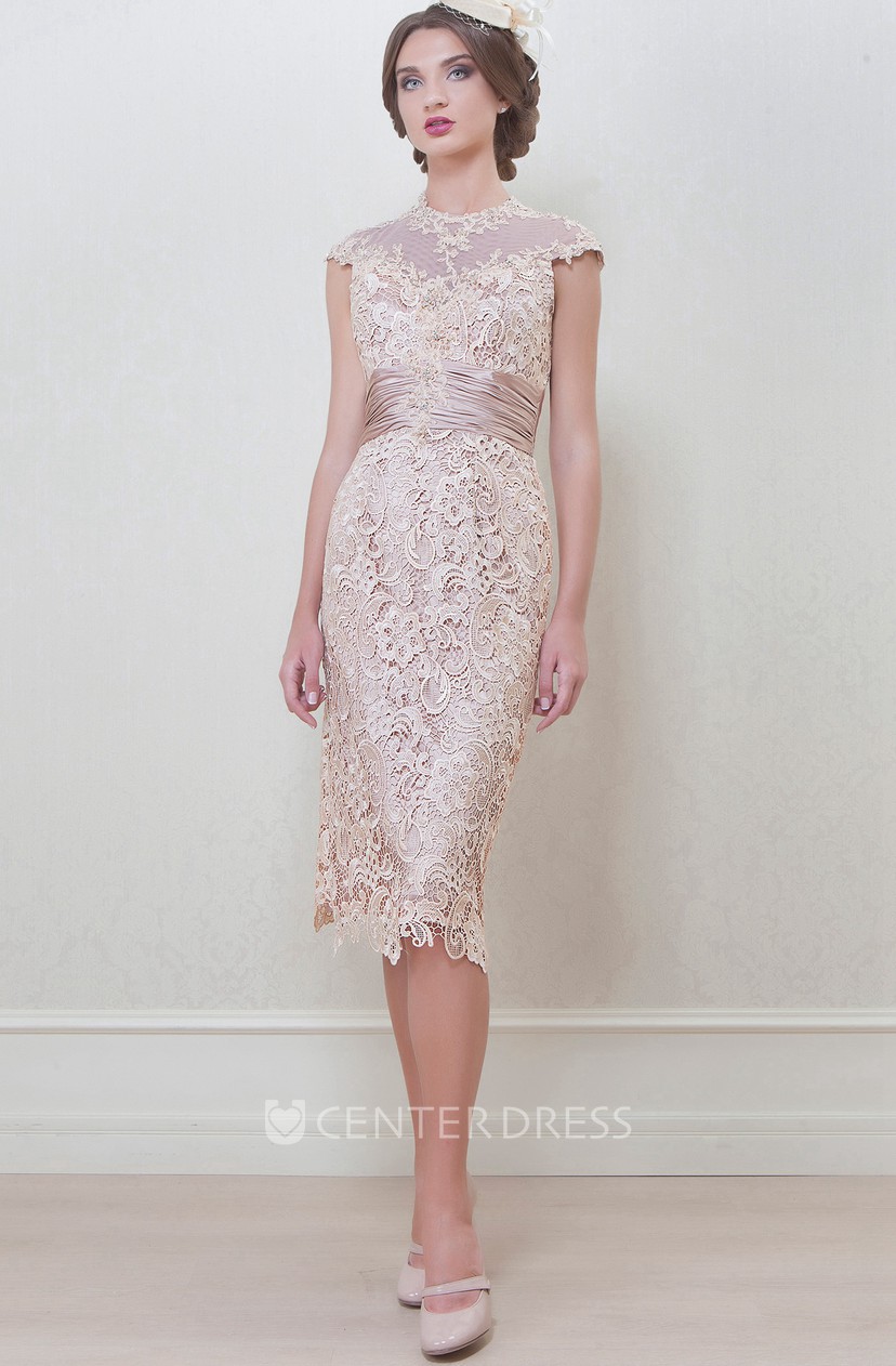 Pencil Knee Length High Neck Appliqued Cap Sleeve Lace Mother Of