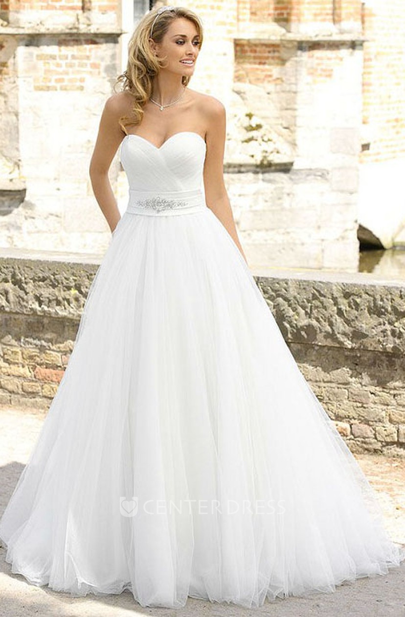 A Line Sweetheart Jeweled Tulle Wedding Dress With Criss Cross