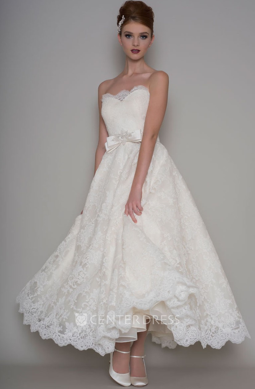 Ankle Length A Line Appliqued Strapless Lace Wedding Dress With