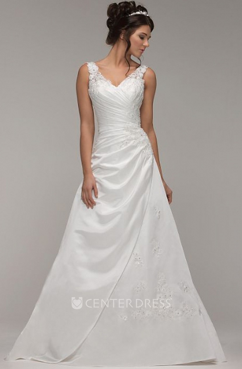 A Line Side Draped Floor Length V Neck Sleeveless Stretched Satin