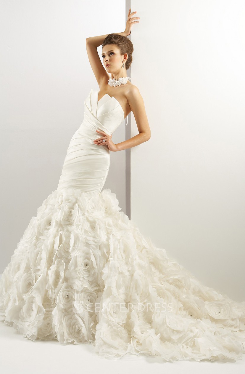 Strapless V Cut Trumpet Gown With Flowers And Ruching Ucenter Dress