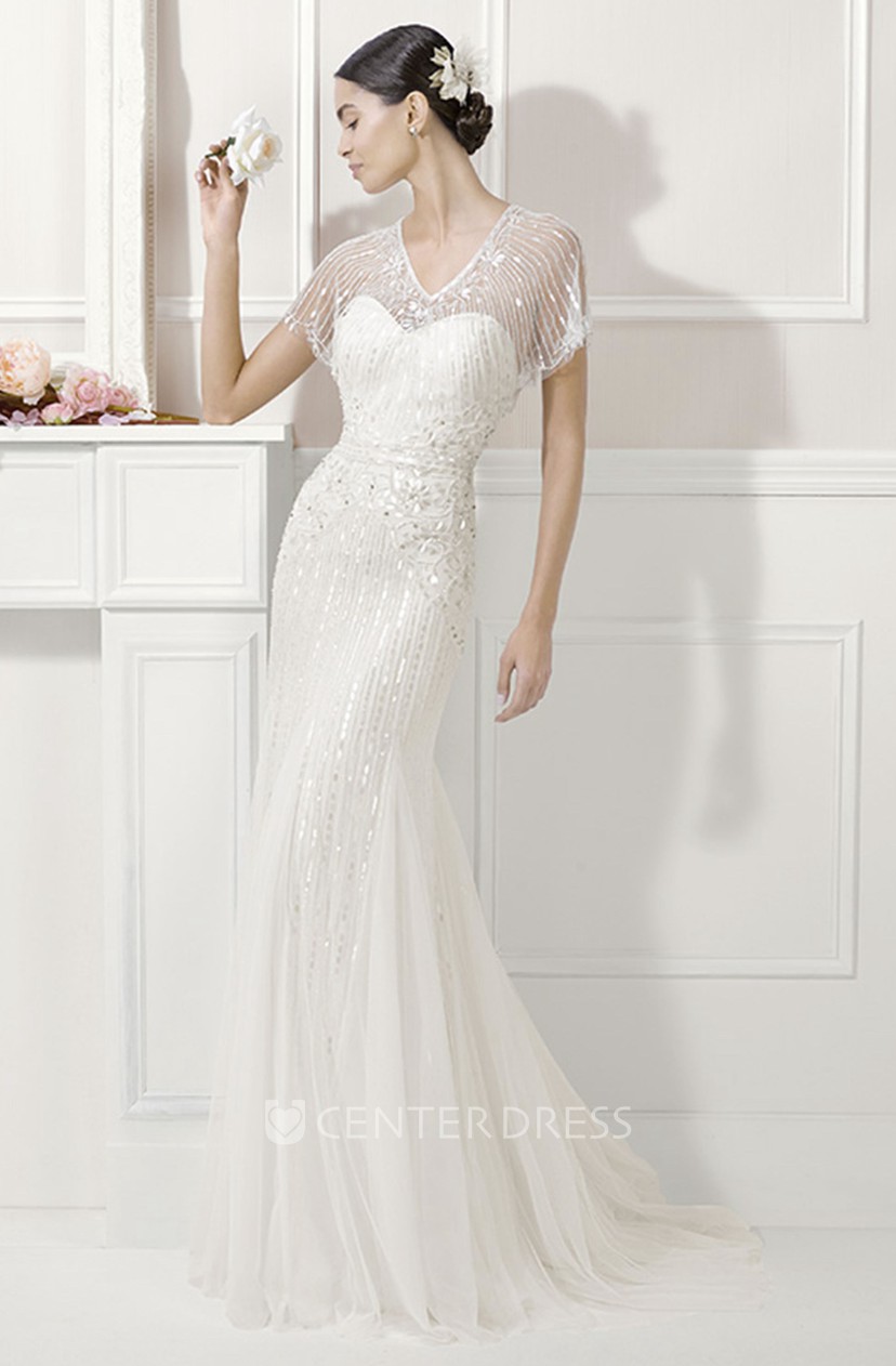 V Neck Batwing Sleeves Sheath Tulle Wedding Gown With Sequins