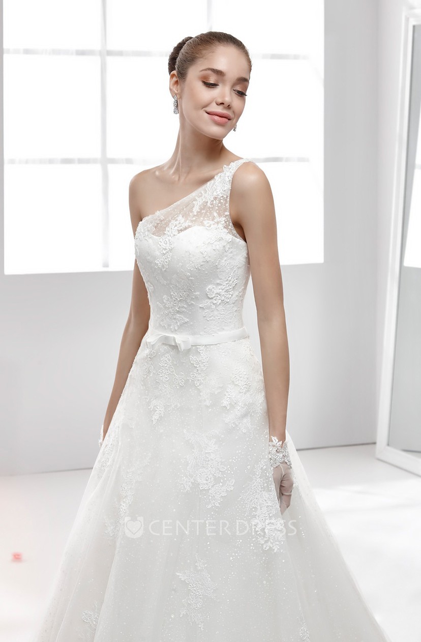 One Strap Lace Wedding Dress With Appliques And Illusive Strap