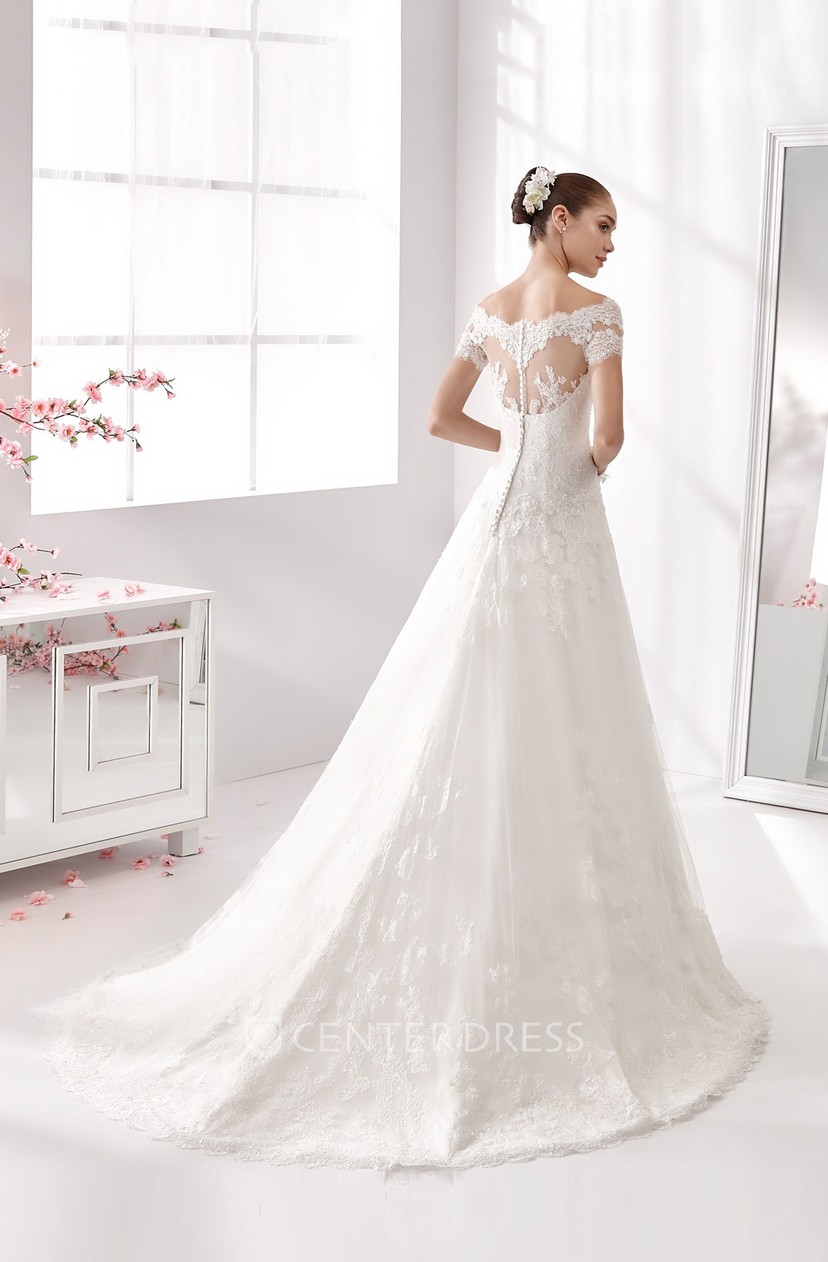 Off Shoulder A Line Wedding Dress With T Shirt Sleeves And Brush