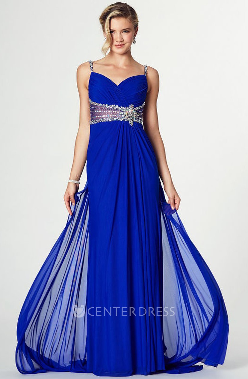 A Line Sleeveless Floor Length Jeweled Spaghetti Chiffon Prom