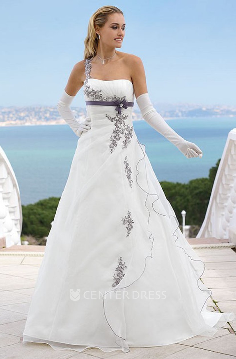 Long One Shoulder Appliqued Satin Wedding Dress With Side Draping