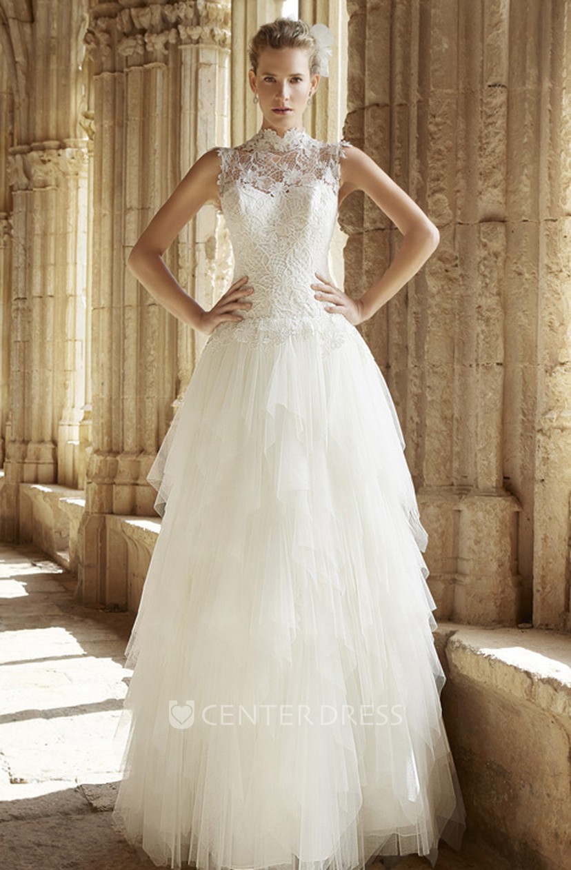 A Line High Neck Sleeveless Cascading Ruffle Long Tulle Wedding
