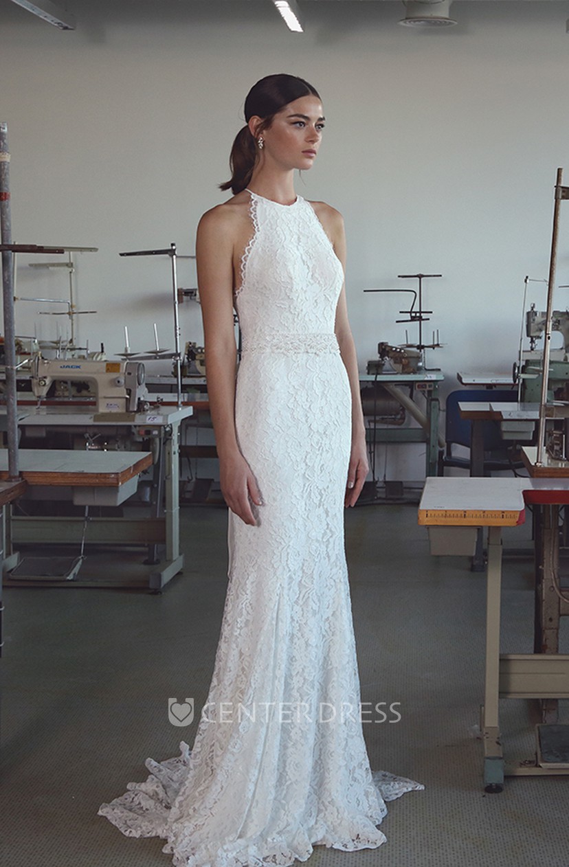 Ethereal Lace Halter Long Bridal Gown With Bow And Sweep Train