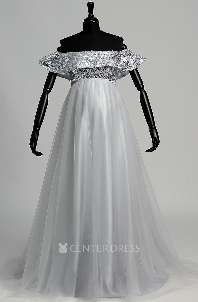 A Line Sweep Brush Train Beading Pleats Tulle Maternity Dress