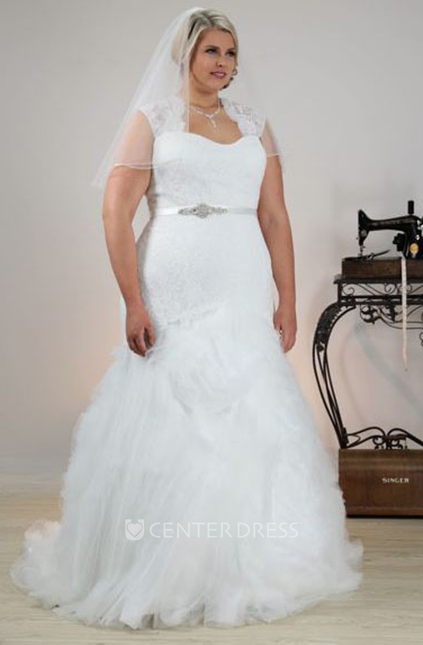 Trumpet Sleeveless Queen Anne Floor Length Jeweled Tulle Plus Size