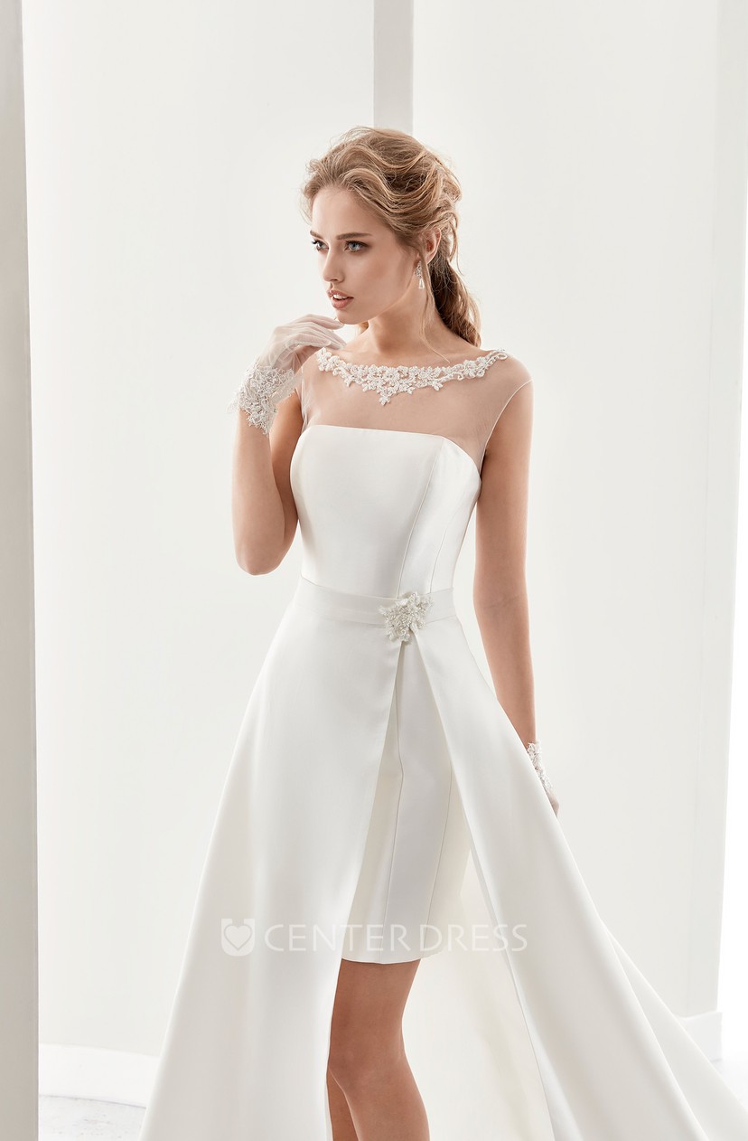 Cap Sleeve Illusion Short Satin Wedding Dress With Detachable Side