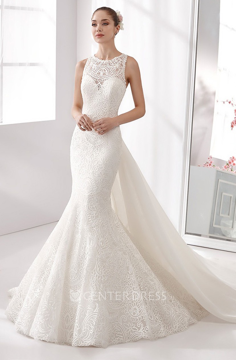 Jewel Neck Mermaid Lace Wedding Dress With Sheath Style And