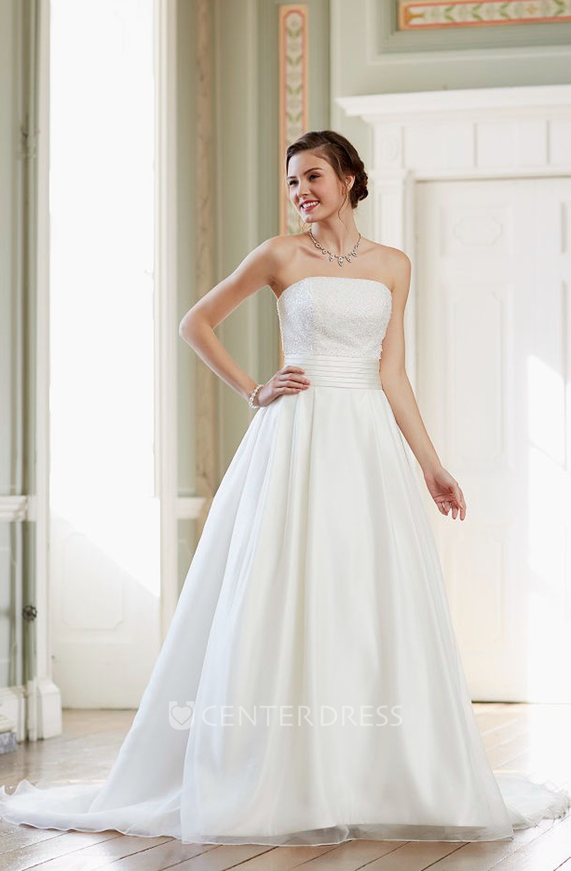 A Line Beaded Strapless Sleeveless Long Satin Wedding Dress With