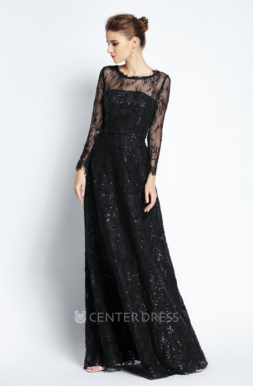 Floor Length Long Sleeve A Line Bateau Scalloped Lace Prom Dress With Sequins