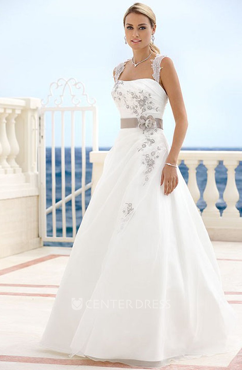 Floor Length Straps Draped Floral Satin Wedding Dress With Ribbon