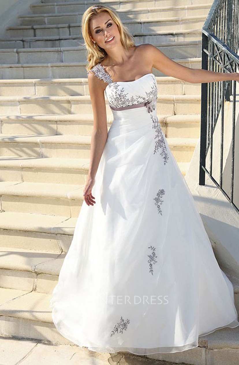 Long One Shoulder Appliqued Side Draped Satin Wedding Dress With