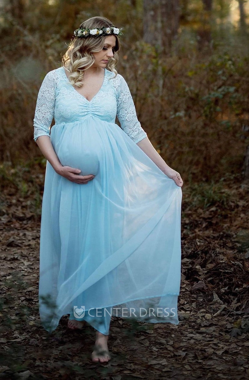 A Line Chiffon Lace V Neck Half Sleeve Ruched Maternity Wedding