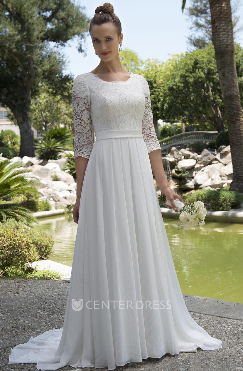 Informal Modest Beach Scoop Neck Lace Chiffon Wedding Dress With 3 4 Sleeves