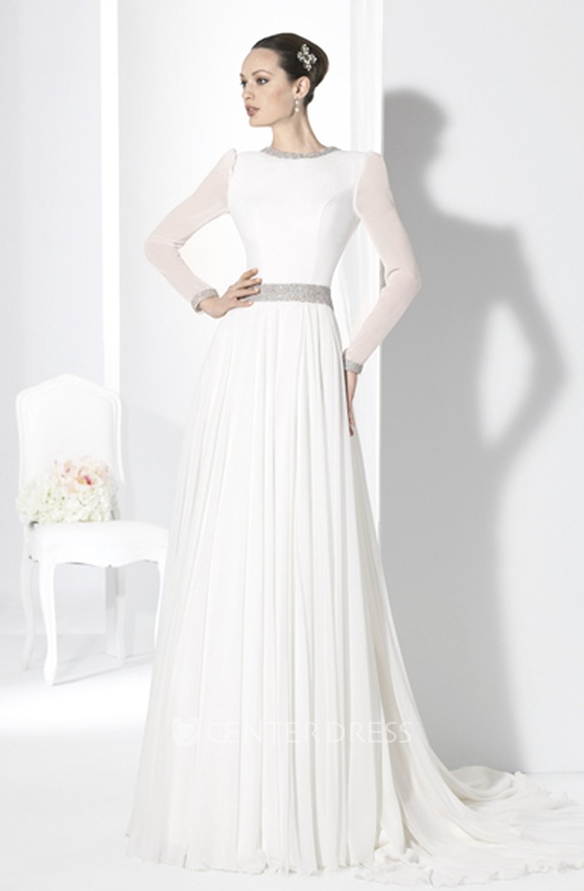 Scoop Long Jeweled Sleeve Chiffon Wedding Dress With Court Long Sleeve Chiffon Wedding Dress