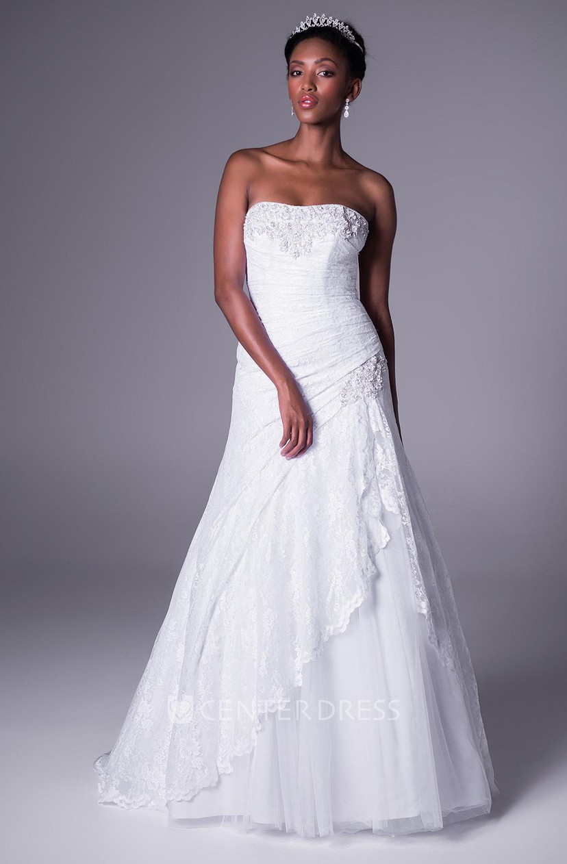 A Line Strapless Side Draped Maxi Sleeveless Lace Wedding Dress