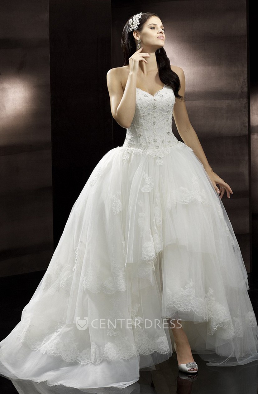High Low Sweetheart Tiered Beaded Tulle Wedding Dress With Court