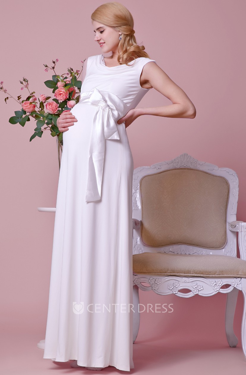 Cowl Neckline Cap Sleeves A Line Chiffon Maternity Wedding Dress
