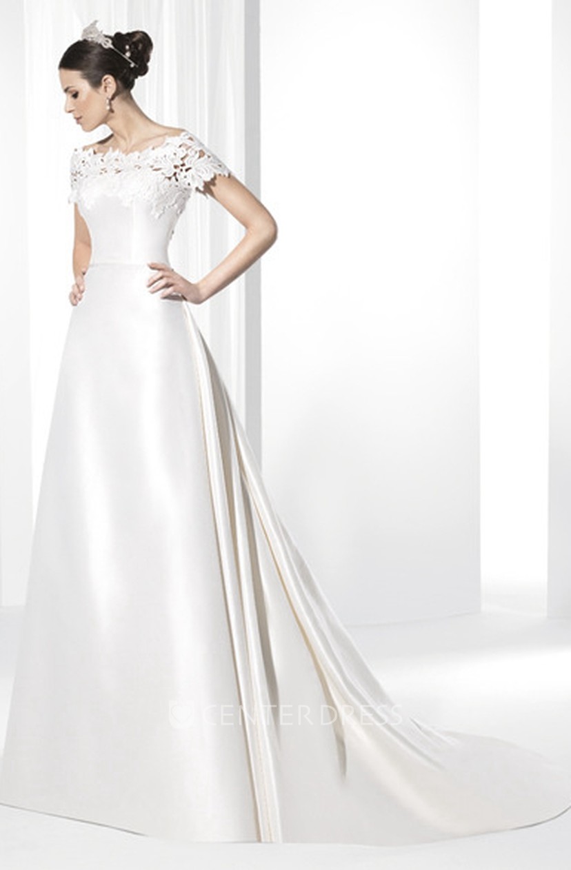 Bateau Neck Short Sleeve Satin Wedding Dress With Lace Ucenter Dress