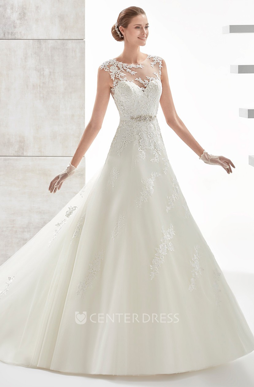 Jewel Neck A Line Wedding Dress With Beaded Belt And Illusive