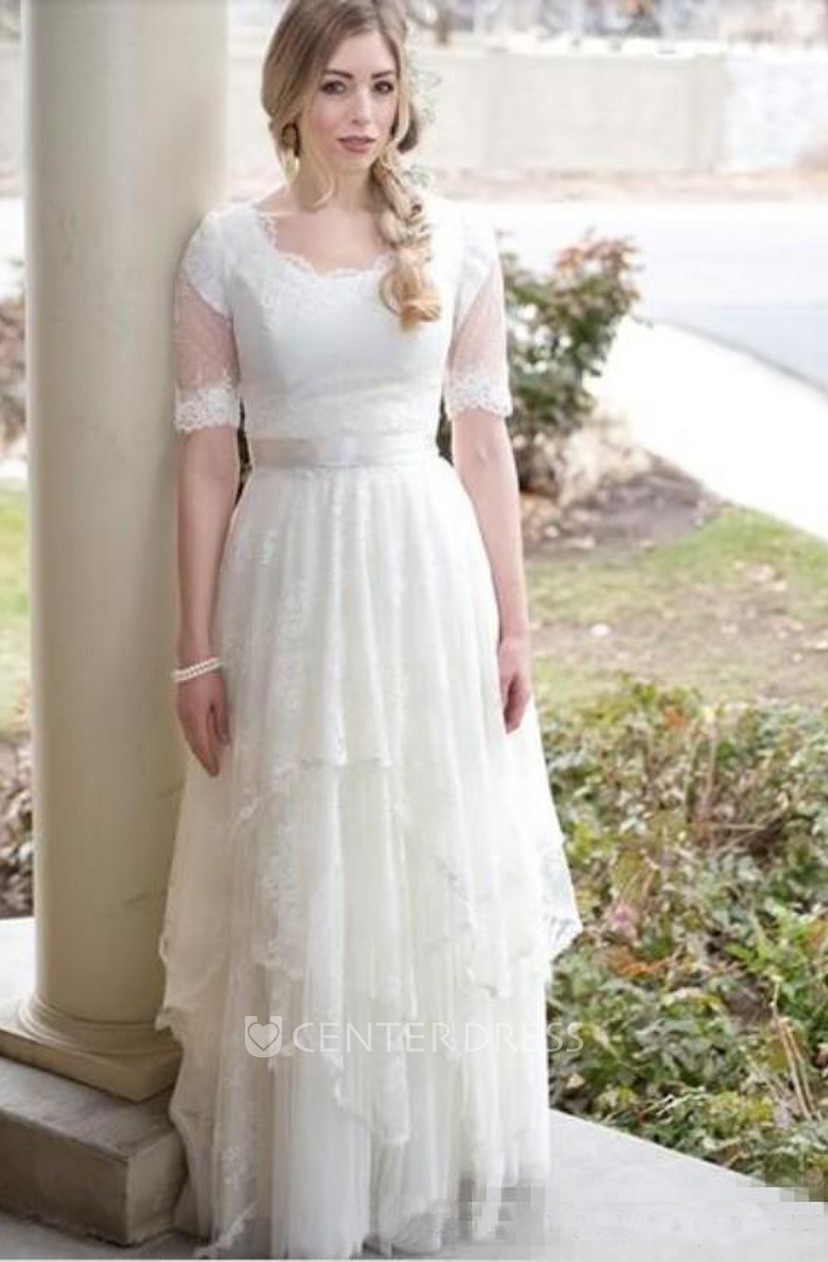A Line Scalloped Lace Tulle Lace Up Corset Back Wedding Gown