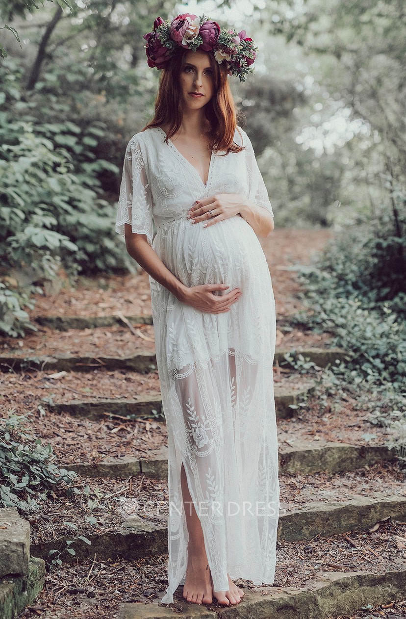 Sheath Floor Length Half Sleeve Empire Maternity Wedding Dress