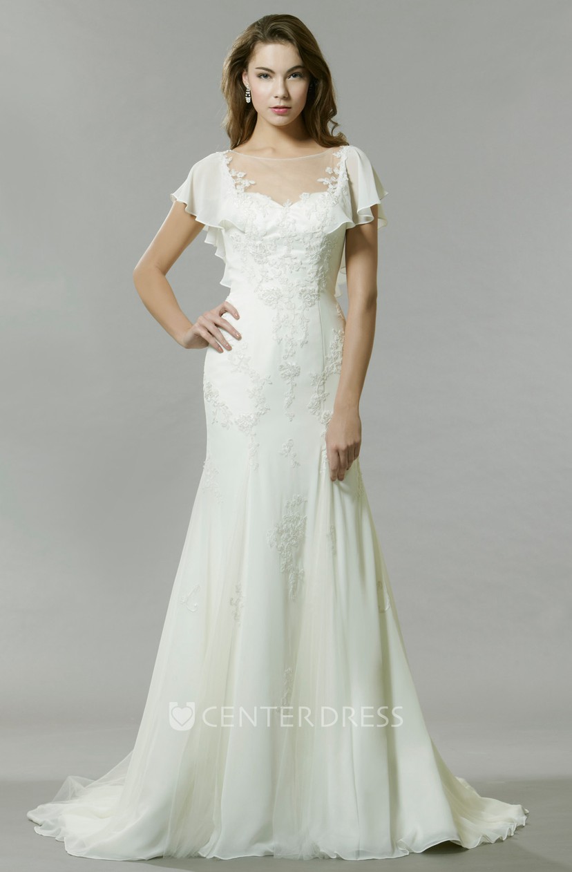 Poet Sleeve Bateau Neck Chiffon Wedding Dress With Illusion