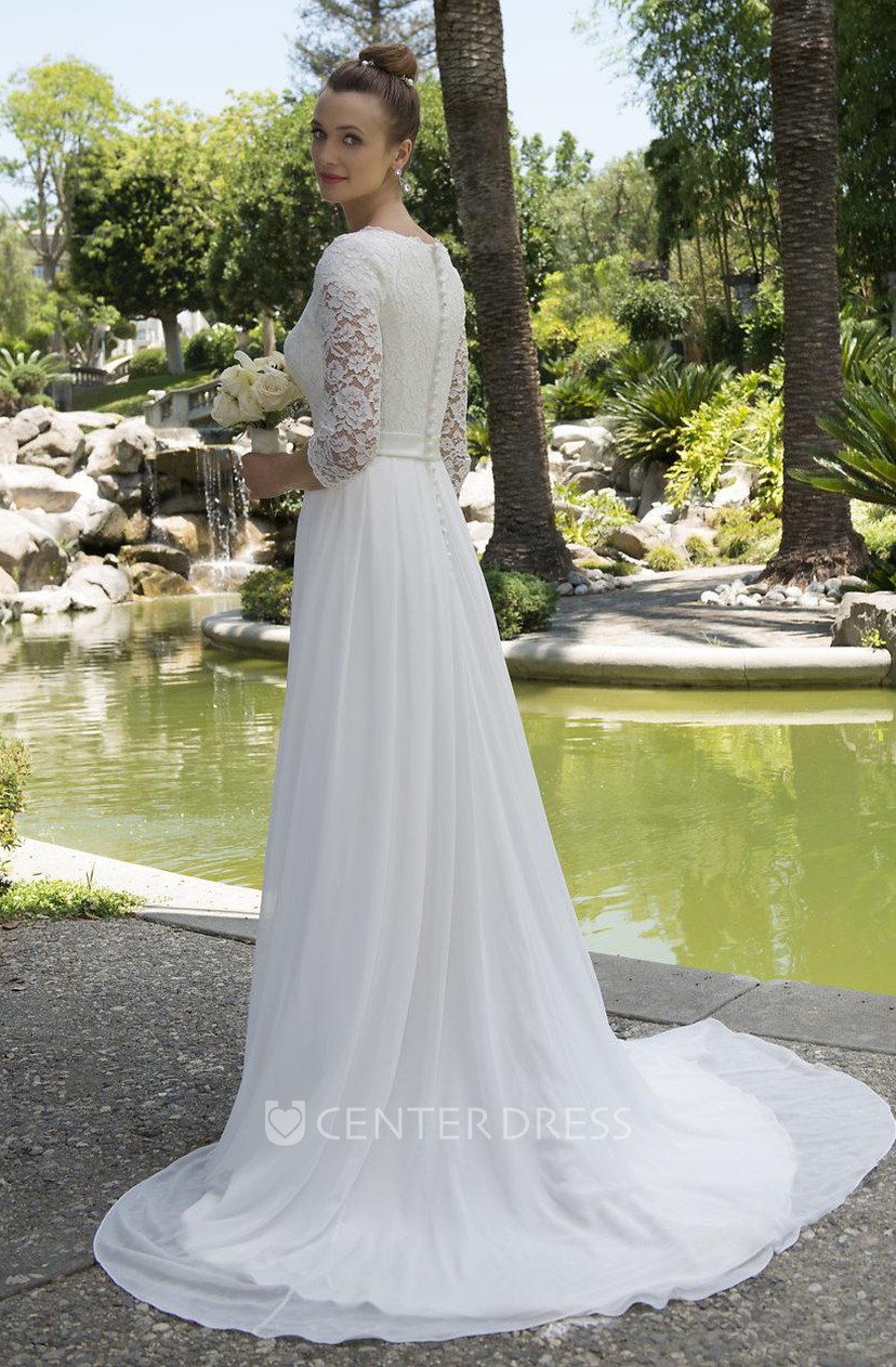 Informal Modest Beach Scoop Neck Lace Chiffon Wedding Dress With 3