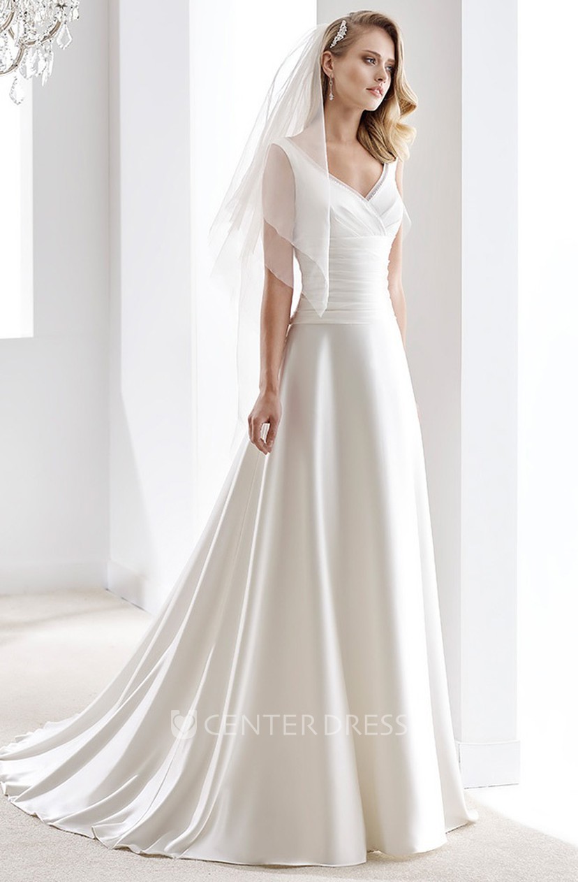 V Neck Draping Satin Wedding Dress With Pleated Bodice And Brush